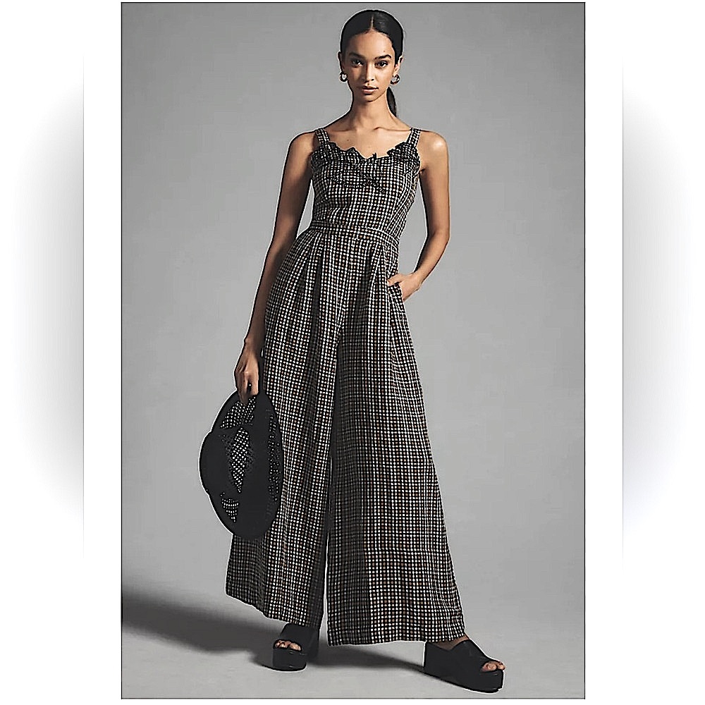 Anthropologie Women’s Embroidered Plaid Pleated Wide Leg Flowy Jumpsuit 4